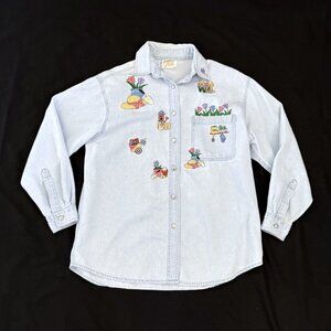 Tia Womens Denim Shirt Large Light Blue Embroidered Patches Rhinestones Faded